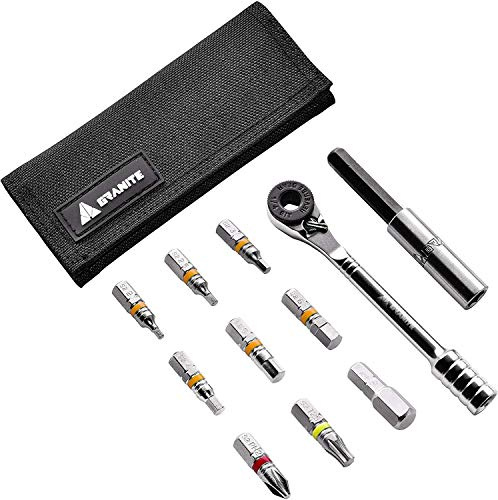 Granit Rocknroll Mini Ratschen-Fahrradwerkzeug-Set mit 9 Werkzeugbits, Verlängerungsstange (Schwarz)