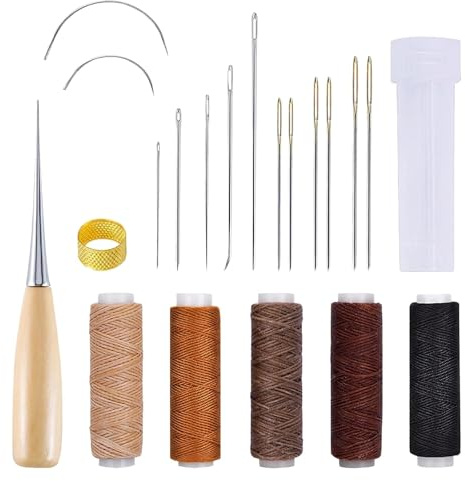 21 Stück Leder Nähset, Leder Werkzeug Set Langlebige Ledernähnadeln, Wachsfaden in 5 Farben, Ahle, Fingerhut, Gebogene Polsternadeln, Aufbewahrungsdose Ideal für Lederarbeiten, Teppiche und DIY