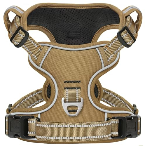 HEELE Hundegeschirr, Hundegeschirr Grosse Hunde Anti Zug Geschirr Hunde Brustgeschirr mit Griff Reflektierende Weich Gepolstert Atmungsaktiv, Braun, L