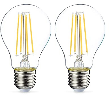 Amazon Basics LED-Leuchtmittel, Edison-Sockel E27, 7 W (entspricht 60-W-Glühbirne), Warmweiß, nicht dimmbar, klares Filament, 2er-Pack