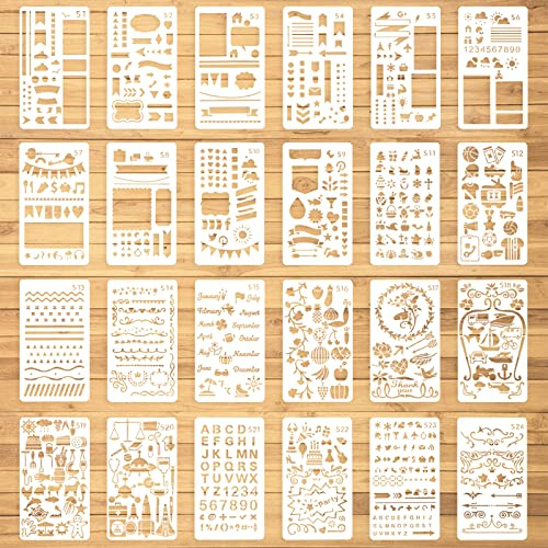 Aster 24 Stück Journal Schablonen Bullet Tagebuch Stencils Set, DIY Zeichnung Vorlage Wiederverwendbares Zeichenschablone Kunststoff Journalschablonen für Journal Notizbuch Scrapbook Kalender