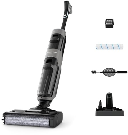 Rowenta X-Clean 4 kabelloser Nass-und Trockenstaubsauger, Selbstreinigungsfunktion, 50min Laufzeit, automatische Schmutzerkennung, Nasssauger mit smartem LED Display, für alle Hartböden, grau GZ5036WO
