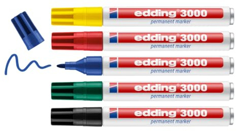 edding 3000 Permanentmarker - rot, blau, gün, gelb, schwarz - 5er Set | Rundspitze 1,5-3 mm - schnell trocknend, wasserfest, wischfest - für Karton, Kunststoff, Holz, Metall - Universalmarker