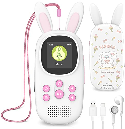32GB Bluetooth MP3 Player Kinder, Niedlicher Hase Kinder Musik MP3 Player mit Kopfhörer & Lautsprecher, MP3-Player mit Alarm, Aufnahmen, Schrittzähler, Stoppuhr, Unterstützung bis zu 128GB