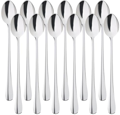 12 Stück Latte Macchiato Löffel Set, Edelstahl Eislöffel Lange Teelöffel Löffel Stiel Dessertlöffel Kaffeelöffel für Eiskaffee Eistee Milchshake Eisbecher kühles