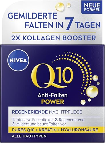 NIVEA Q10 Anti-Falten POWER Regenerierende Nachtpflege (50 ml), straffende Gesichtspflege für alle Hauttypen, Nachtcreme mit purem Q10, Kreatin & Hyaluronsäure