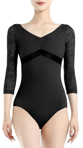 flexdans Damen Ballettkleidung 3/4 Ärmellos, Ballett Trikot Tanzbody Turnanzug für Erwachsene (D006-Schwarz-S)