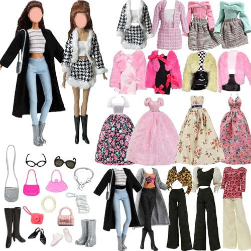 24 Stück Fashion Puppen Kleidung und Zubehör, 11,5 Zoll (29 cm) Mode-Puppen Outfit mit Pepita-Rock, Schwarzem Mantel & Windjacke – Inkl. Schuhe, Tasche & Schmuck für Coole, süße und Elegante Styles