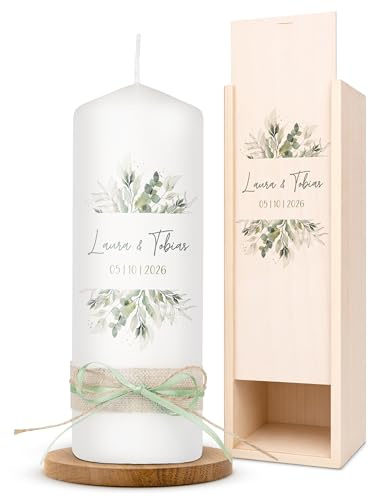 AMARI ® Hochzeitskerze personalisiert Pflanzwelt 20/7 cm- mit Namen & Datum – Elegante Traukerze für Hochzeit & Standesamt – Individuelles Geschenk zur Trauung
