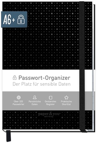 paper&you® Passwortbuch A6+ mit Register A-Z "Black Edition" für 320 Zugangsdaten, Passwort-Manager klein, Passwort Buch deutsch - nachhaltig & klimafreundlich