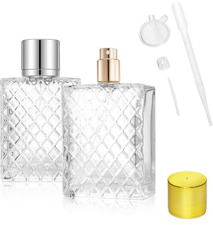 LUBOXIN 2 Stück Parfümzerstäuber Nachfüllbar 100 ml Perfume Atomizer Silber und Gold Deckel Parfum Flakon Leer Portable Sprühflasche Refillable Perfume Bottle mit Trichter, Pipetten und Spenderpumpe