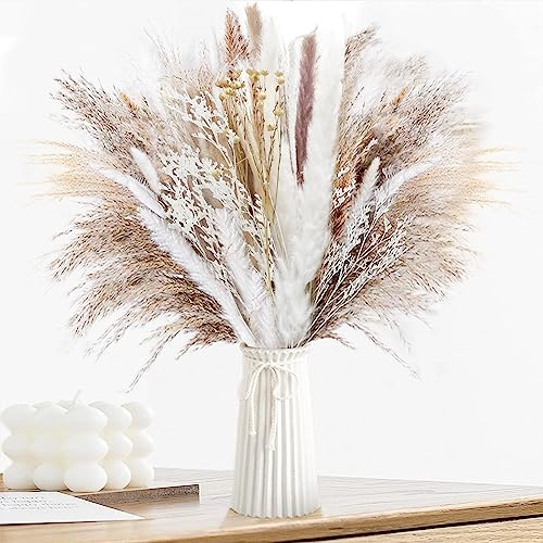 Pampasgras Getrocknet - Natürliche Trockenblumen Deko, Flauschige Getrocknete Blumen Dried Flowers, Trockenblumenstrauß für Hochzeit Tisch Wohnzimmer Vasen Boho Home Dekor