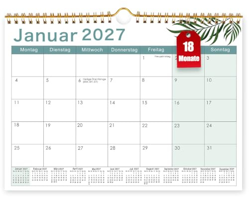 Kalender 2027, 18 Monats Familienkalender von Januar 2027 bis Juni 2028 | Wandkalender 2027 mit Jahreskalender Planung, Monatskalender Für Zuhause Büro Familienplaner Urlaubsplaner