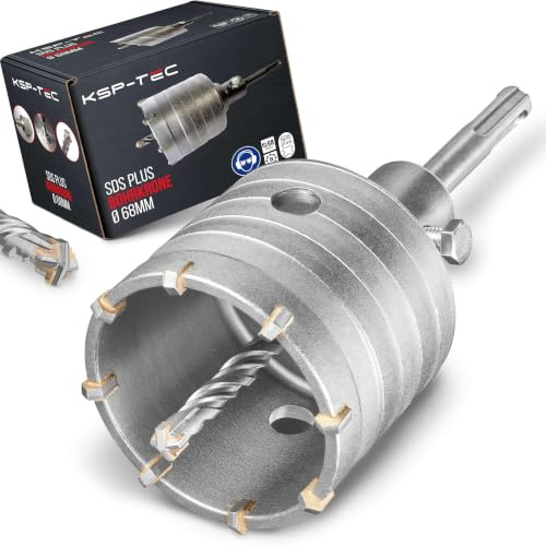 KSP-Tec Bohrkrone 68 mm SDS Plus, Dosenbohrer für Beton und Mauerwerk | 8 Hartmetall-Schneiden, 4-Schneiden-Zentrierbohrer für zentriertes Ansetzen, inklusive Adapter und Befestigungsschraube