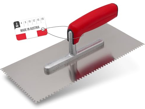 WERKFIT Profi Zahnkelle aus Edelstahl 3 mm - Glättekelle gezahnt Rostfrei - Zahnspachtel mit Softgriff - Traufel Hergestellt in Österreich 280x130mm (3x3mm)