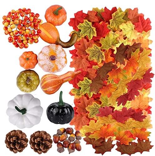 150 Stück Künstliches Kürbissse Set,Deko Herbstdeko Set,mit Deko Kürbisse Tannenzapfen Eicheln Künstlichen Ahornblättern,Herbstdekoration für Herbstpartys Thanksgiving Halloween Dekoration Garten