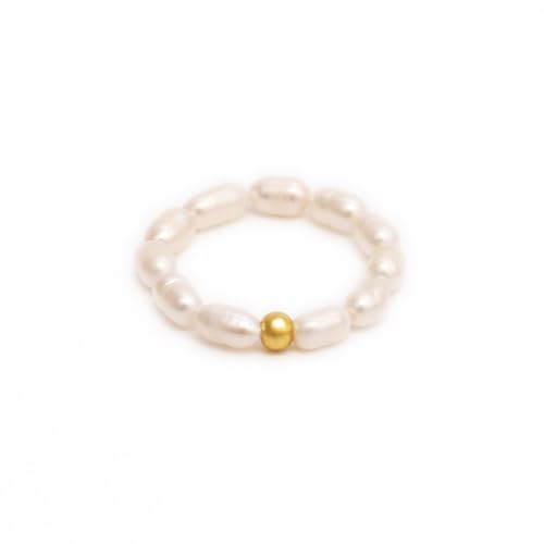 BERGERLIN Reis Perlen Ring echt mit Goldperle - Perlenring für Damen und Herren - Größe S