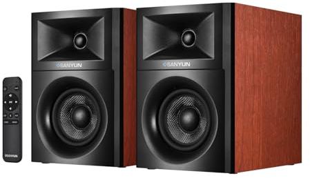 Sanyun SW205 4 80W HiFi-Regallautsprecher, 2.0 Aktiver Nahfeld-Studiomonitor, Verbessertes 3D-Soundfeld, Flaggschiff-DAC & DSP, Schallstreuungsgehäuse, Bluetooth 5.4/Optisch/AUX, Holzoptik