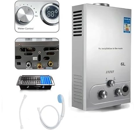Gas-Durchlauferhitzer, Propan, LPG, 6 l/8 l, sofortiger Wassererhitzer, mit Winter- und Sommermodi, 16 kW, 2800 Pa, Durchlauferhitzer ohne Tank mit Duschset, Überhitzungsschutz (6 l)