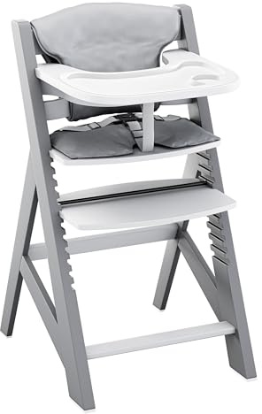 Tulano Morsel 40 Kinderhochstuhl Holz – Mitwachsender Hochstuhl Baby 4in1 – Hochstuhl mit Tisch – 11-fach Verstellbar – Für Kinder ab 6 Monate bis 12 Jahre – Belastbar bis 40 kg – Grau Weiß