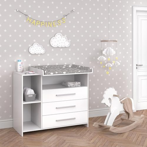 Vicco Wickelkommode Oskar, Weiß, 113 x 100 cm mit 3 großen Schubladen, umwandelbar zur Kommode durch abnehmbaren Wickelaufsatz
