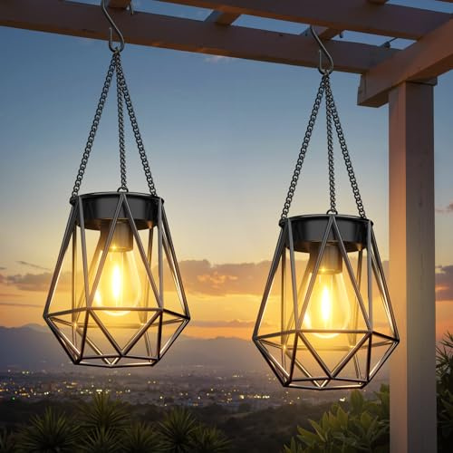 RECHOO Garten Solarlampen für Außen Hängend, 2 Stück Metall Solar Laternen für Draußen mit LED-Glühbirne, IP65 Wasserdicht Solarlaterne für Außen Weihnachten Halloween Terrasse Rasen Balkon Hof