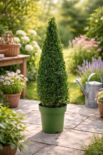 Buchsbaum im Topf 80-90 cm – Buxus Kegel/Pyramide – Immergrüne Pflanze für Garten, Terrasse & Balkon – pflegeleicht, winterhart, formschön