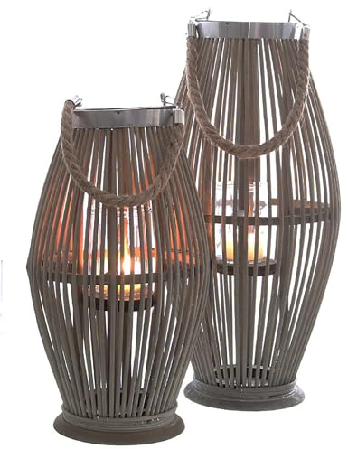 Laterne aus Bambus mit Henkel und Glaszylinder - Bambuslaterne Windlicht aus Bambus Gartenlaterne Größe H 50 cm