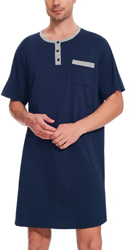 Uniexcosm Nachthemd Herren Kurzarm Schlafshirt Rundhals | Einteiliger Schlafanzugoberteile Pyjama Tops Bequem Nachtwäsche Sleepshirt mit Knopfleiste und Brusttasche