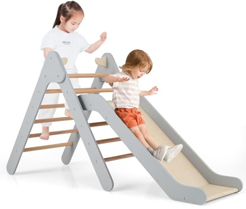 COSTWAY Kletterdreieck mit Rutsche, Klettergerüst aus Holz, Sprossendreieck zum Rutschen und Klettern, für Kinder ab 1 Jahre (Grau)