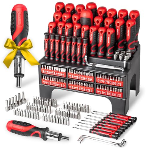 WALTER XXL Schraubendreher- & Bit-Set 100-teilig – Geschenk für Papa, Männer + Handwerker –inkl. Präzisions- & Winkelschraubendreher, Stecknüsse, Ratschen-Schrauber – Kreuzschlitz, Sechskant