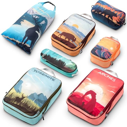 TRIPPED Travel Gear (National Parks) Packwürfel für Reisen, extra große Gepäck-Organizer, 7-teiliges Set, ultraleicht, erweiterbar/Kompressionsbeutel für Kleidung