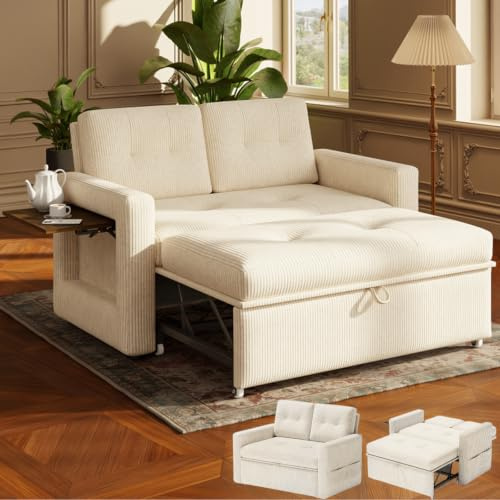 YOUDENOVA Schlafsofa mit 5-stufig Verstellbarer Rückenlehne, 2 Sitzer Sofa mit Schlaffunktion, Sofa Bed mit Tisch, Schlafcouch mit Bettfunktion, Couch Ausziehbar, 177x135 cm, Cord Beige