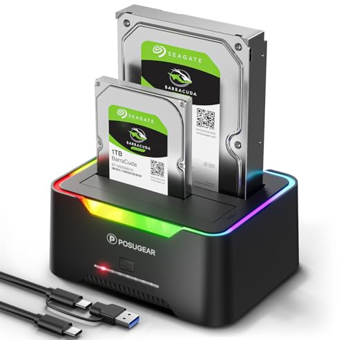 POSUGEAR Festplatten Docking Station, RGB USB 3.0 Festplattengehäuse für 2,5 und 3,5 Zoll SATA HDD/SSD, 2 x 20TB Dual Bay HDD Docking Station mit Offline Klonen Unterstützung werkzeugloser und UASP