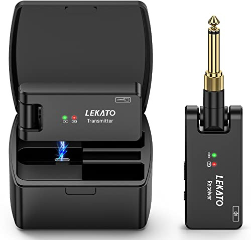 LEKATO Kabelloses Gitarrensystem mit Ladebox, 2,4 GHz, kabelloser Gitarrensender, Empfänger, kabelloses Gitarrenkabel, Bass, Gitarrensystem