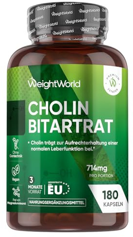 Cholin Bitartrat Kapseln - 714mg pro Portion - Cholin trägt zur Aufrechterhaltung einer normalen Leberfunktion bei (EFSA) - Für 3 Monate Vorrat - Täglich 2 Kapseln - 180 Stück - von WeightWorld