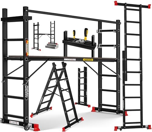 MASKO® Alugerüst 4in1, Baugerüst, Arbeitsgerüst & Gerüstleiter, Mehrzweckleiter als Anlegeleiter, Treppenleiter & Arbeitsbühne, bis 150kg belastbar, Anti-Rutsch beschichtet, GS geprüft EN131 + Ablage