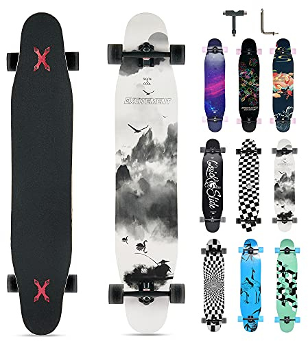 Opurtdor Longboard 118CM Pro Skateboard, Cruiser Trick Skateboard, Komplettes 8 Etagen Ahornholz, Schwarzes Longboard für Anfänger Erwachsene Teens Mädchen Jungen