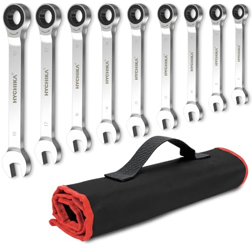 HYCHIKA Ratschenschlüssel Set, 9Pcs Ringschlüssel Set, Schraubenschlüssel set 6-19 mm, Maulschlüssel Ringmaulschlüssel für Fahrradreparatur Autoreparatur