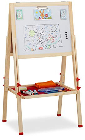 Relaxdays Standtafel Kinder, Whiteboard und Kreidetafel, Natur | höhenverstellbar, Aufsteller Holz, 102-135 x 55 x 52 cm