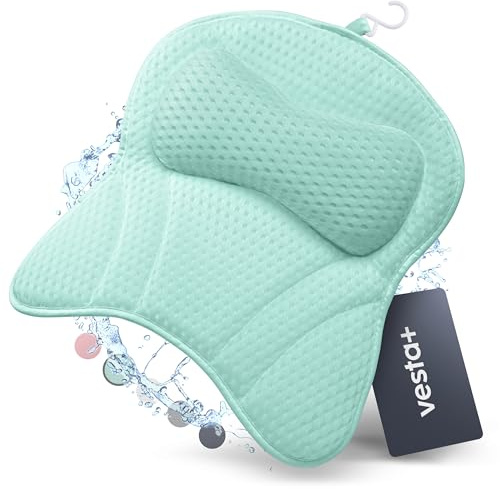 Vesta+ Badewannenkissen XXL Mint, 6 Saugnäpfe, 8 cm Nackenstütze | Badekissen für Badewanne aus 3D-Mesh mit Mikromassage-Oberfläche, waschbar, inkl. Abziehkarte & Wellness-Playlists