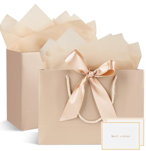 Champagner 2-Pack Medium Geschenktüten mit 2 Wrappers und Karten, Papier-Tüten mit Griffen für Frauen, Männer, Geburtstag, Hochzeit, Party, Weihnachten - 20x10x28cm