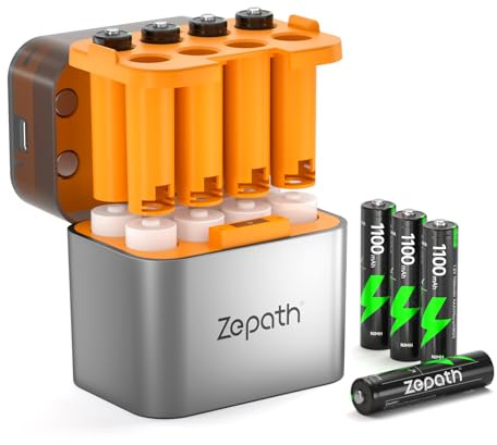 Zepath Li-ion/NI-MH Hybrid Ladegerät mit 8xAAA Wiederaufladbare NI-MH Akkus, 1100mAh Hohe Kapazität 1.2V AAA Batterien, 8 Ladegerät für AA/AAA Akkus, Integrierter LED Charing Aufbewahrungsbox