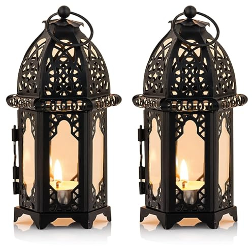 NUPTIO 2 Stücke Metall Teelichthalter Kleine Größe Hochzeit Mittelstücke Transparente Glas Hängende Laternen Hochzeit Weihnachten Hause Tischdekoration Vogelkäfig, Schwarz Marokkanische Lampe