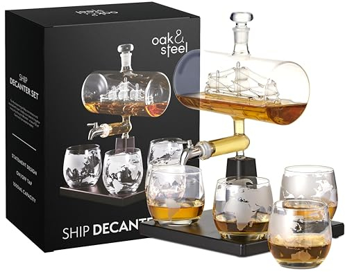 Oak & Steel - Whisky Dekanter, Schiff Karaffe (1000ml) mit Edelstahlhahn & 4 Whiskygläser - Valentinstags Geburtstags & Vatertags Geschenkset für Männer