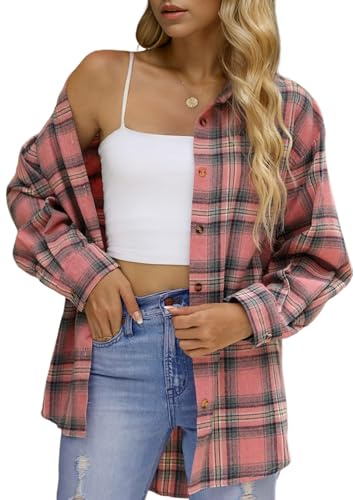 KevaMolly Karierte Flanellhemden für Damen, lockere Passform, Boyfriend-Shirt, Knopfleiste, langärmelig, lässig, Flanellbluse, Tops