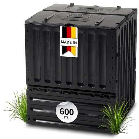 GARANTIA ECO-King Komposter 600 Liter schwarz - zum bequemen Befüllen im Garten - ohne Werkzeug schnell montierbar - mit praktischer Entnahme und windstabiler Deckelfixierung bei Witterung im Freien