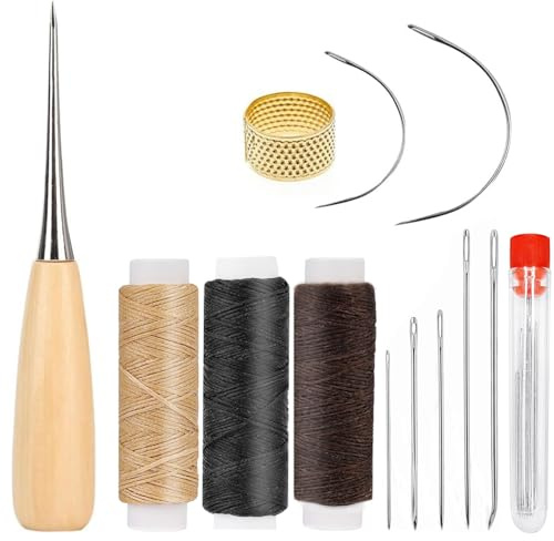 Ledernadel-Set mit Ahle & gewachstem Garn | Professionelles Nähwerkzeug für Lederreparatur | Inkl. Nadeln, Faden, Fingerhut | Für Polstermöbel, Schuhe, Sattel