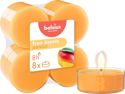 Bolsius – 8 Teelichter Maxi Duft – Mango – Lange Brenndauer von 8 Stunden – Kerze für den Innenbereich – Natürliche Extrakte – Veganes Wachs – Ohne Palmöl