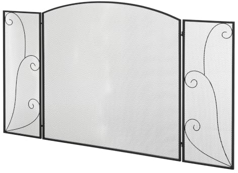 HOMCOM Funkenschutzgitter 3-Teilig Kaminschutz 132,5 x 76,5cm Schwarz | Kamin Funkenschutz, Feuerschirm, Ofenschutzgitter, Kamingitter, Dekoratives Netz, Metall
